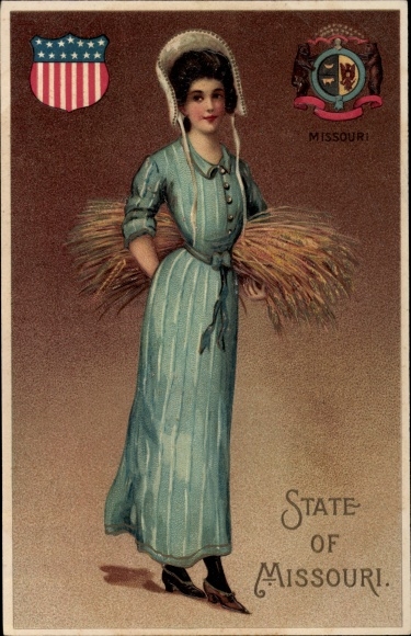 Wapenschild van de staat Missouri in reliëf, vrouw met hooibaal