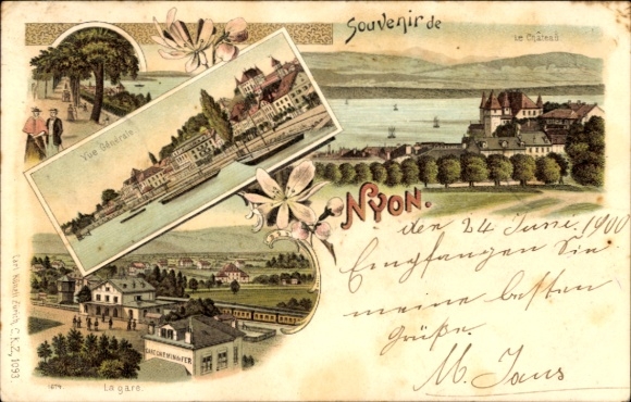 Litho Nyon Kanton Waadt, Gesamtansicht, Bahnhof, Promenade, Schloss