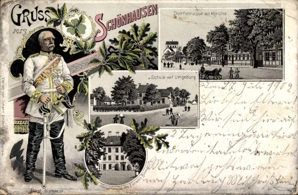 Chromo-Litho Schönhausen Elbe Saxony Anhalt, village street, church, school, birthplace of Bismarck