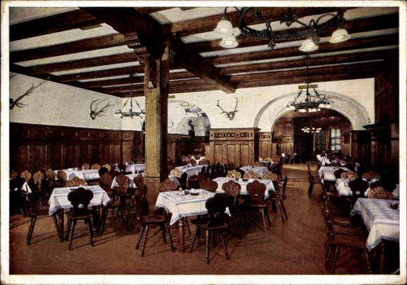 Postcard Munich Bavaria, Royal Hofbräuhaus, interior view, drinking rooms on the 1st floor