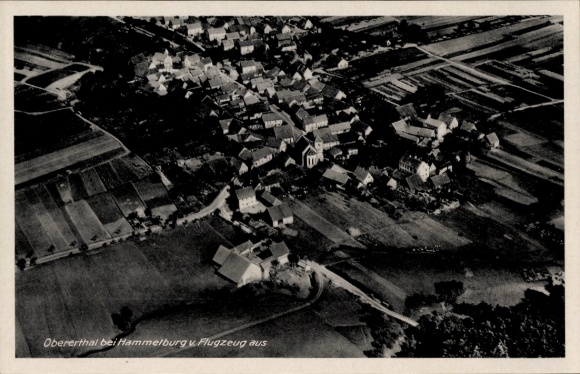 Postcard Obererthal Hammelburg in Lower Franconia Bavaria, aerial photograph, Obererthal, houses, fields