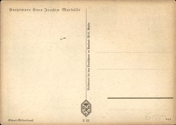 Postcard German Air Force, Captain Hans Joachim Marseille, Knight's Cross, VDA E 52