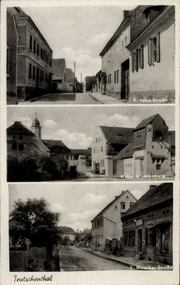 Ak Teutschenthal im Saalekreis, Drei Straßenansichten,  K.-Jahn-Straße, Haus Wurdenburg, Moerker-