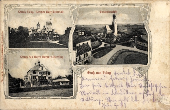Postcard Ising Chieming in the district of Traunstein Upper Bavaria, Castle of Czermak, Castle of Baron v. Hertling
