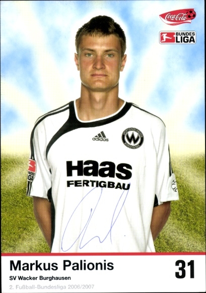 Karta autografu piłkarza Markusa Palionisa, SV Wacker Burghausen, autograf