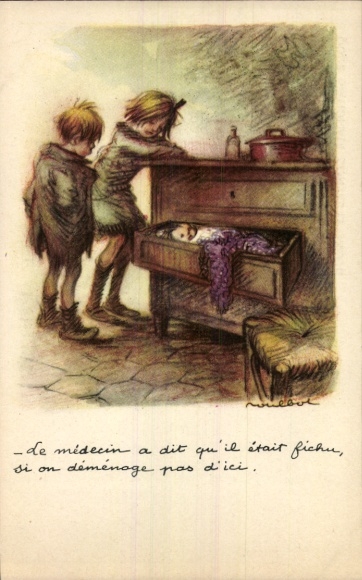 Kunstenaar Ak Poulbot, Franciscque, Kinderen, Baby slapend in een lade