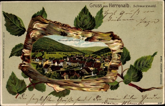 Embossed birch wood litho Bad Herrenalb in the Black Forest, total view with the Kurhaus