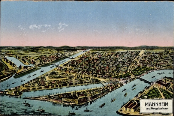 Postcard Mannheim in Baden, aerial view of the Rhine, ships, city view