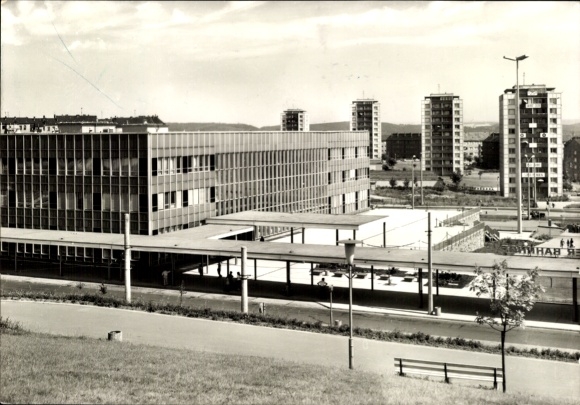 Postcard Plauen in Vogtland, Upper Station, high-rise buildings