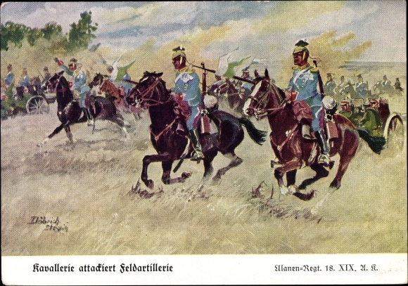 KP artysty Döbrich-Steglitz, kawaleria atakuje artylerię polową, Pułk Ułanów 18. XIX. AK