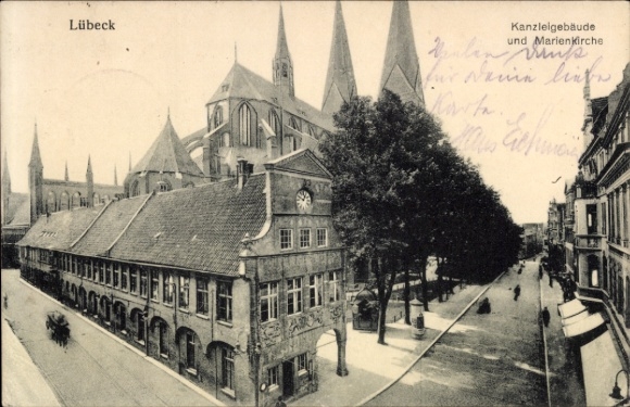 Postcard Hanseatic City of Lübeck, Chancellery Building and St. Mary's Church