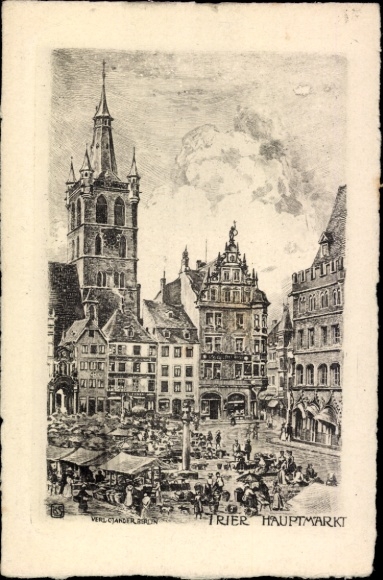 Ak Trier an der Mosel, Marktplatz mit Ständen,  Gebäude, Glockenturm, Schriftzug Trier Hauptmarkt