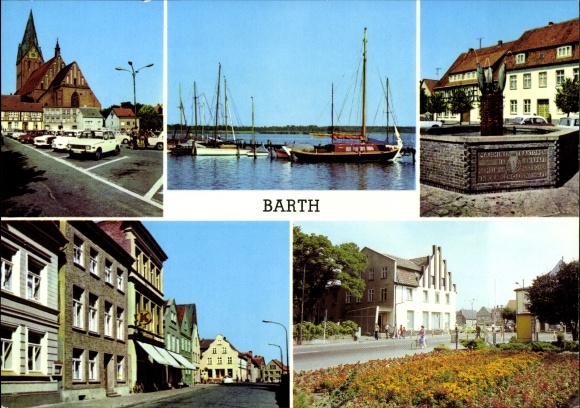 Postcard Barth on the Baltic Sea, market, on the pier, fountain, Ernst Thälmann Straße, park Dammstr.