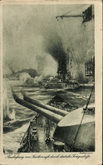 Artist Postcard Stöwer, Willy, Bombardment of Scarborough by German warships, WWI