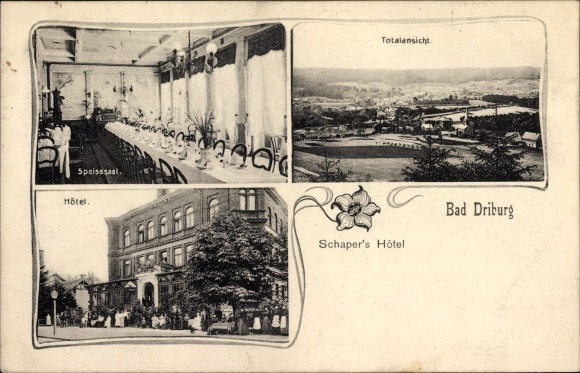 Postcard Bad Driburg in Westphalia, general view, Schaper&#39;s Hotel, dining room