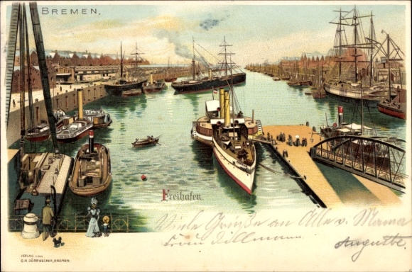 Chromo-Litho Hanseatic City of Bremen, Free Port, sailing ship, steamer
