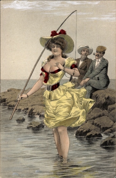 Postcard woman in the water with fishing rod, eroticism, breasts, sparkling leaves for a happy mood