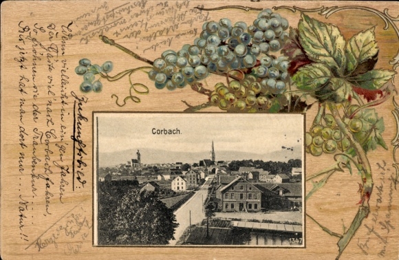 Embossed Passepartout Postcard Korbach in Hessen, partial view, grapevines