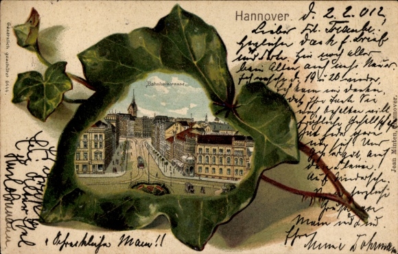 Embossed Ivy Leaf Chromo-Litho Hannover in Lower Saxony, Bahnhofstraße