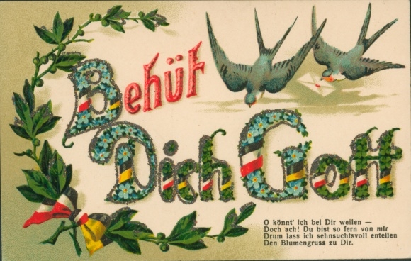 Glitter embossing Postcard Beehüt Dich Gott, flag ribbons, swallows, forget-me-nots, lucky clover