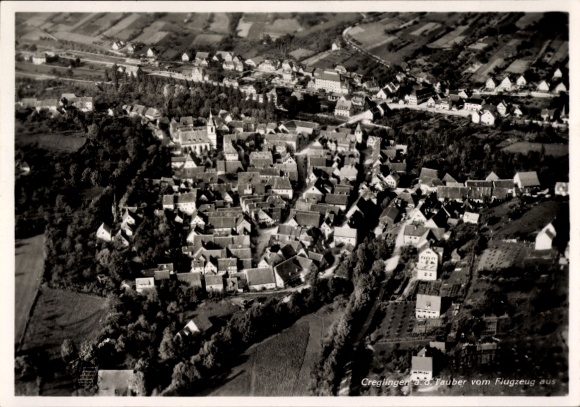 Postcard Creglingen an der Tauber, aerial photograph, cityscape, Tauber, aircraft photograph