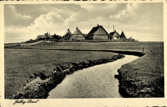 Ak Hallig Oland in Noord-Friesland, zicht op de plaats