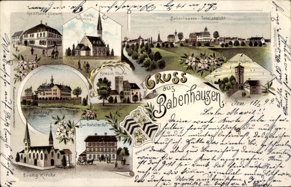 Litho Babenhausen in Hessen, Gasthaus zum Löwen, Kirche, Schloss, Hexenturm, Zum Deutschen Hof