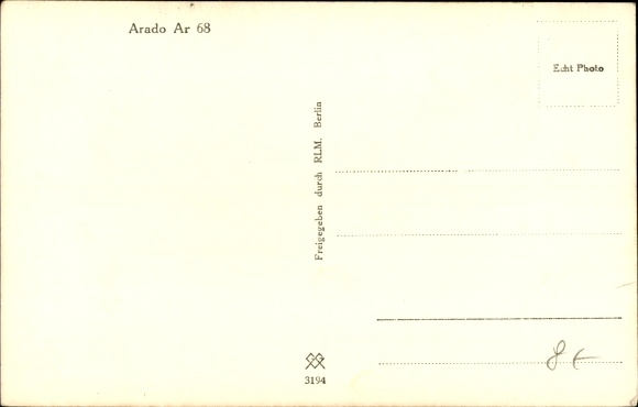 Postcard German Air Force, fighter aircraft Arado Ar 68 single-seater fighter