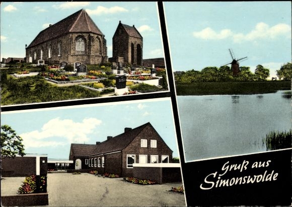Postcard Simonswolde Ihlow in East Frisia, church, cemetery, windmill, house