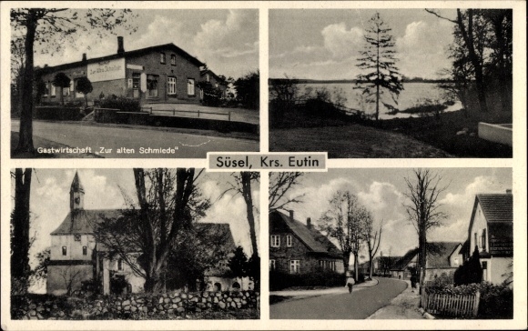 Postcard Süsel in Ostholstein, Gasthof Zur alten Schmiede, village section, church, shore