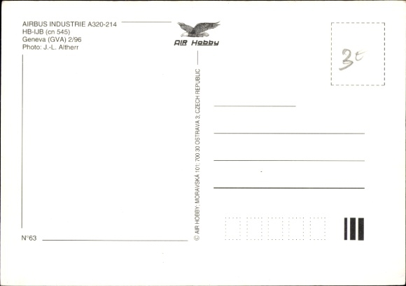 Postcard passenger aircraft, Airbus Industrie A320-214, Swissair, HB-IJB