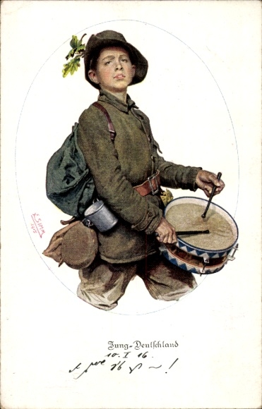 Artist Postcard Jung Deutschland, youth brigade, drummers, Bavarian State Committee for Voluntary Nursing