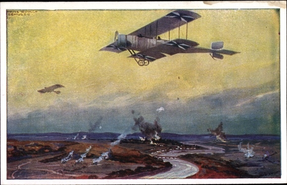 Artist PC Schulze, Hans Rudolf, military biplane on reconnaissance flight on the Marne, I. WW