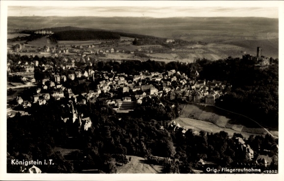 Postcard Königstein im Taunus, aerial photograph, city view, town with castle ruins, black and white colors