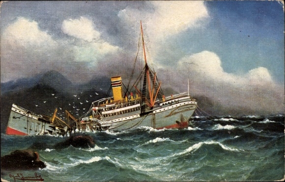 Postcard Broken through, shipping accident, broken steamer