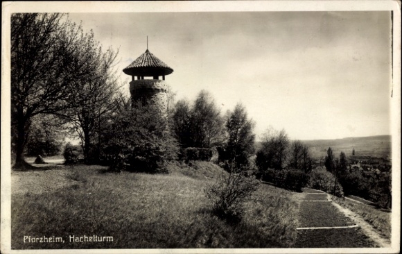 Postcard Pforzheim in the Black Forest, Hachelturm, trees, path