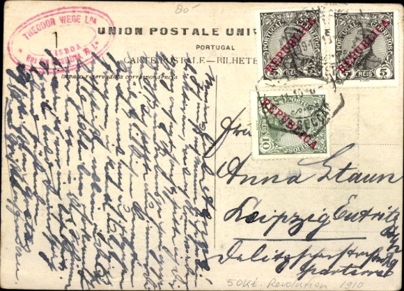 Postcard Portugal, Revolution 5 October 1910, Rotunda da Avenida, roadblock