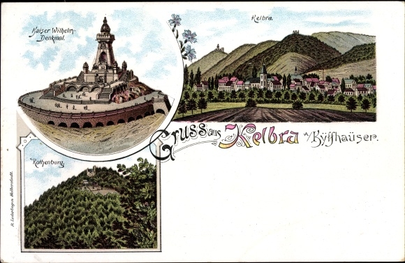 litho Kelbra bij Kyffhäuser, Kaiser Wilhelm Monument, Rothenburg, Panorama