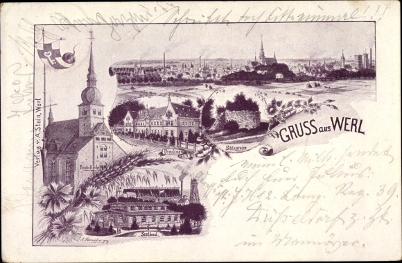 Litho Werl in Westfalen, algemeen beeld, kerk, soelbad, ruïne