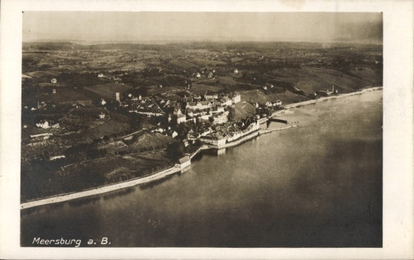 Postcard Meersburg on Lake Constance, aerial view of Lake Constance, vineyards, buildings
