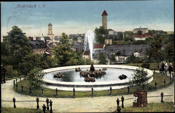 Postcard Auerbach im Vogtland, fountain, park landscape, city view, architecture