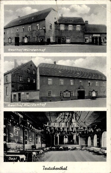 Ak Teutschenthal im Saalekreis, Gasthof Würdenhof, Fotos vom Gasthof, Saal, traditionelle Archite