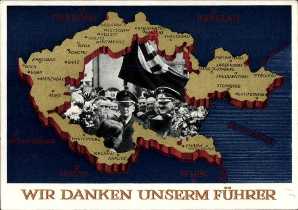 Postal stationery Postcard We thank our leader, Sudetenland, Bohemia, Moravia, Hitler