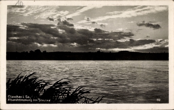Postcard Glauchau on the Zwickauer Mulde in Saxony, landscape view, evening atmosphere at the reservoir