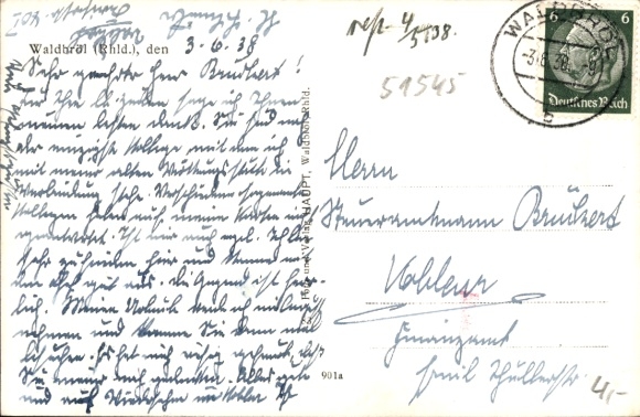 Postcard Waldbröl in the Oberbergisches Land, aerial view of the village, landscape with fields and forests