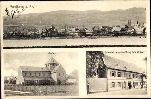 Ak Mittelheim Oestrich Winkel am Rhein Rheingau, Kolonialwarenhandlung, Kirche, Totalansicht