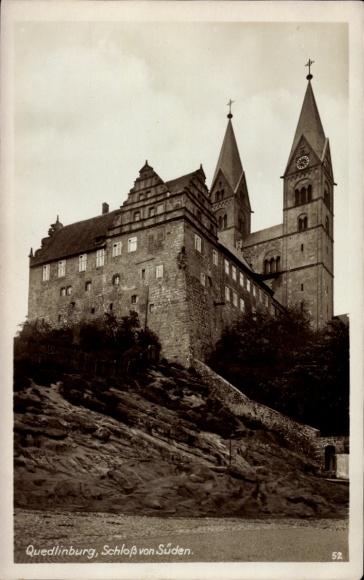 Ak Quedlinburg in het Harzgebergte, kasteelzicht vanuit het zuiden, zwart-witfoto