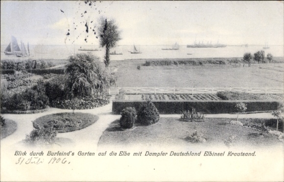 Postcard Elbinsel Krautsand Drochtersen in the Stade district, Burfeind's Garden, Elbe with steamer Germany