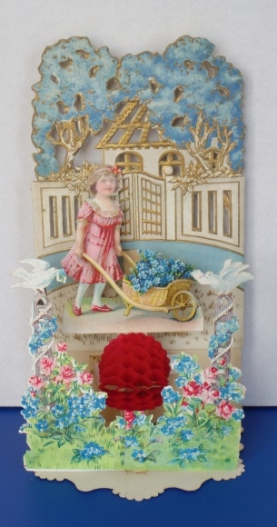 Backdrop card 3D wafer standee, congratulations, girl with wheelbarrow, doves, forget-me-nots