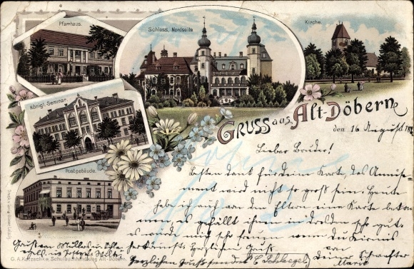 Chromo-Litho Altdöbern in Lower Lusatia, vicarage, castle, church, royal Seminary, Post Office
